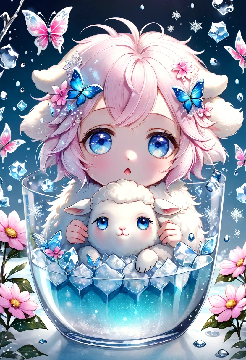 Ultra detailed, HDR, Highres, absurdres, master piece, white sheep, expressive blue eyes, glass, ice glittering butterflies, ice, petals, pink ice glass flowers, cute, glittering, water, fantasy, magical, snowflakes, cold, small and cute, glass