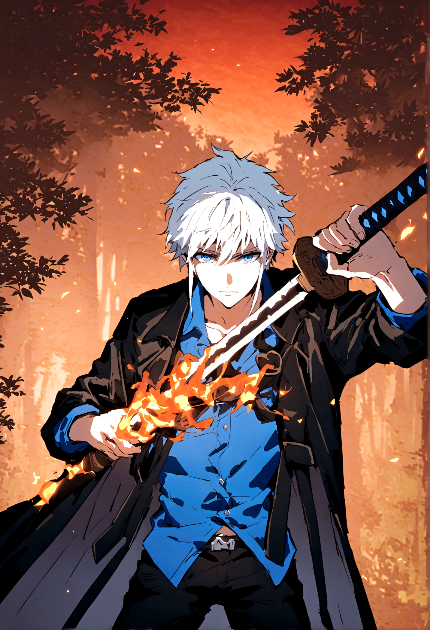 A white hair anime boy in his 20s with White hair and blue eyes wearing a blue shirt with a tall black coat design with glowing blue flames wearing black jeans and holding a katana in his hand with blue Phoenician flames as he's in a forest at night 