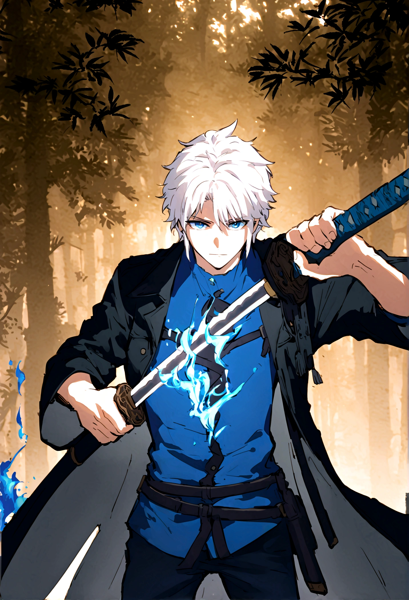 A white hair anime boy in his 20s with White hair and blue eyes wearing a blue shirt with a tall black coat design with glowing blue flames wearing black jeans and holding a katana in his hand with blue Phoenician flames as he's in a forest at night 