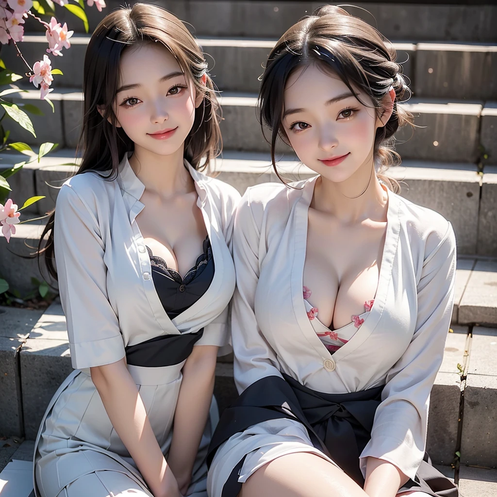 A woman in a school uniform posing on the stairs, seifuku, Japanese , A mix of anime style and Fujifilm, Japanese girls uniform, Magic , Beldelfinn, Wearing Japanese clothes , Female student, Beautiful anime school girl, Chiho, Another Iwakura, Sakura Kinomoto, Under the cherry tree、smile
((((Emphasize cleavage))))
(Bra is visible)