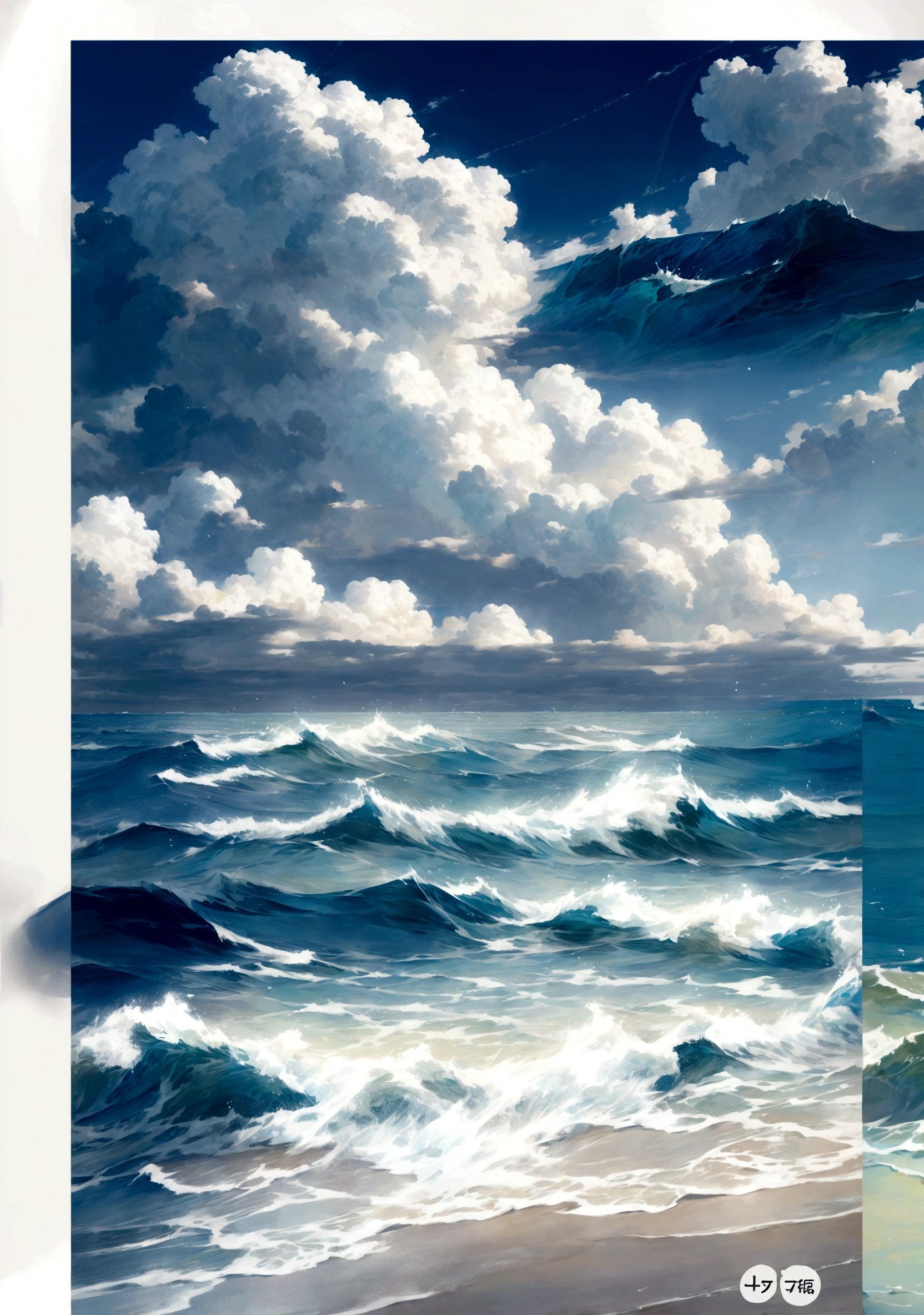 An anime-style beach painting,Cloudy sky,Rough seas, Blue Sea. by Shinkai Makoto, style of Shinkai Makoto, Detailed scenery —width 672, studio glibly Shinkai Makoto, Shinkai Makoto. High Detail, Shinkai Makoto. — 2160 hours, in style of Shinkai Makoto
