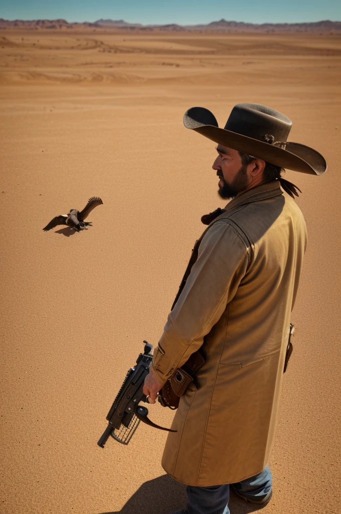 a vulture in the wild west at high noon, anthropomorphic vulture with human traits, cowboy hat, holding revolver gun, intense expression, dramatic lighting, cinematic angle, detailed feathers, scaly skin, sharp talons, dust storm background, desert landscape, old western town, vivid colors, (best quality,4k,8k,highres,masterpiece:1.2),ultra-detailed,(realistic,photorealistic,photo-realistic:1.37)