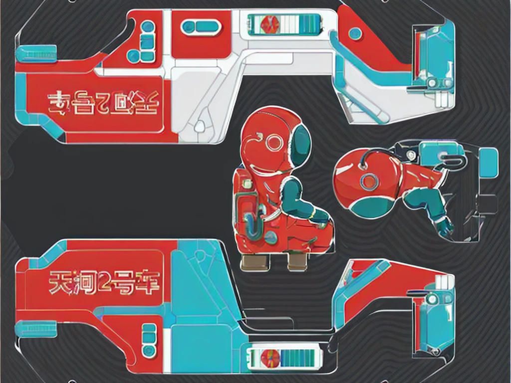 Different colored tiles,Color blocks,Bright colors,Vibrant colors,Color contrast,Pictures with high color purity,Space suit,Cartoon,Space car, Heavy Line Drawing,Vehicles with steering wheels, Fusion Mecha Parts, highly detailed panel cuts,线条分割成Different colored tiles,Tianhe-2 Car,Tianhe Logo,Mechanical car frame,There is a mechanical gripper in front of the car,Space suit,astronaut,Oxygen backpack,Oxygen tubes,Space suit pressure tube,finger,Cockpit,nuclear powerBattery模块,Battery,nuclear power,Reference black wireframe