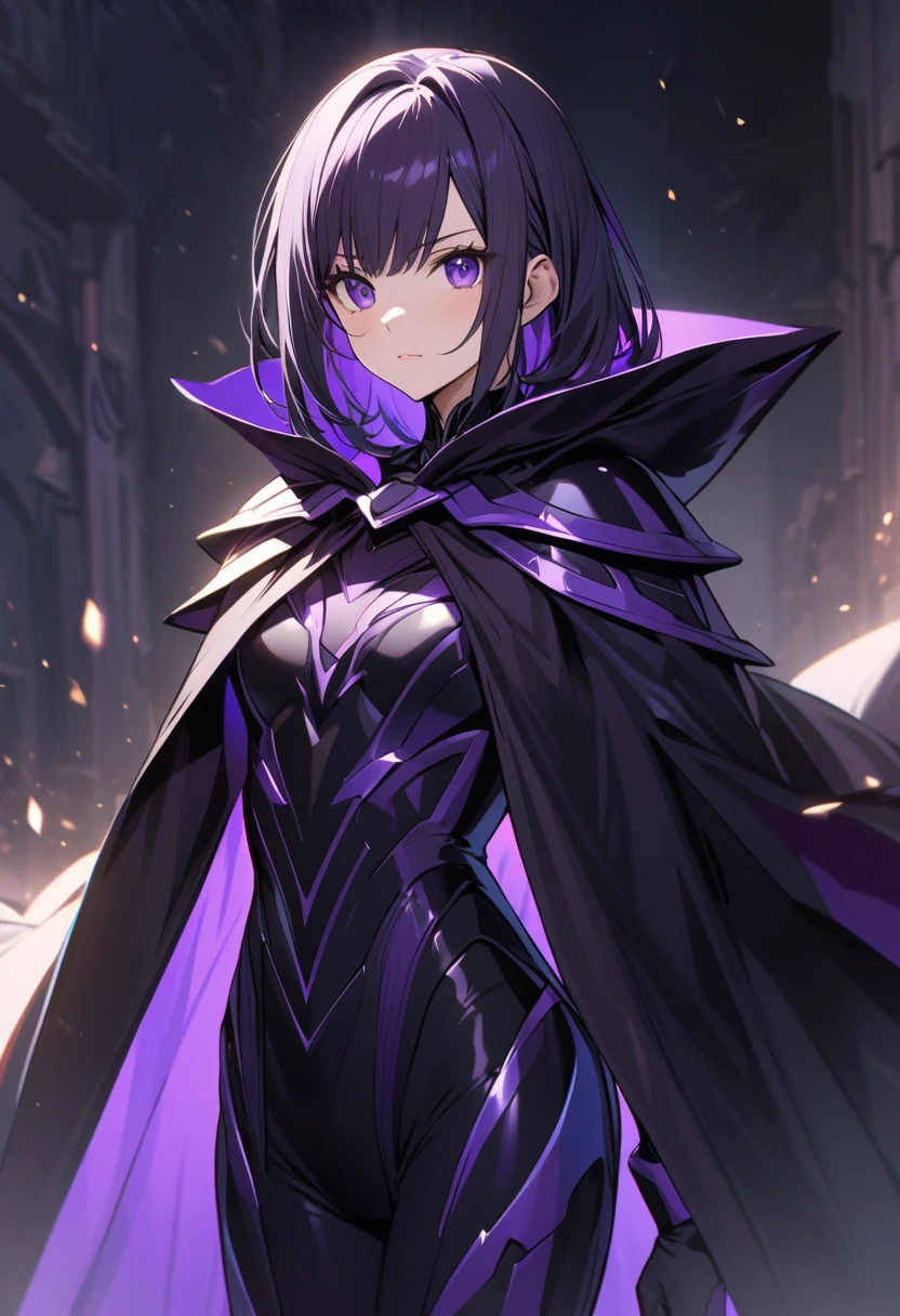 a young woman wearing an extremely detailed black & purple sleek cloak with subtle armor