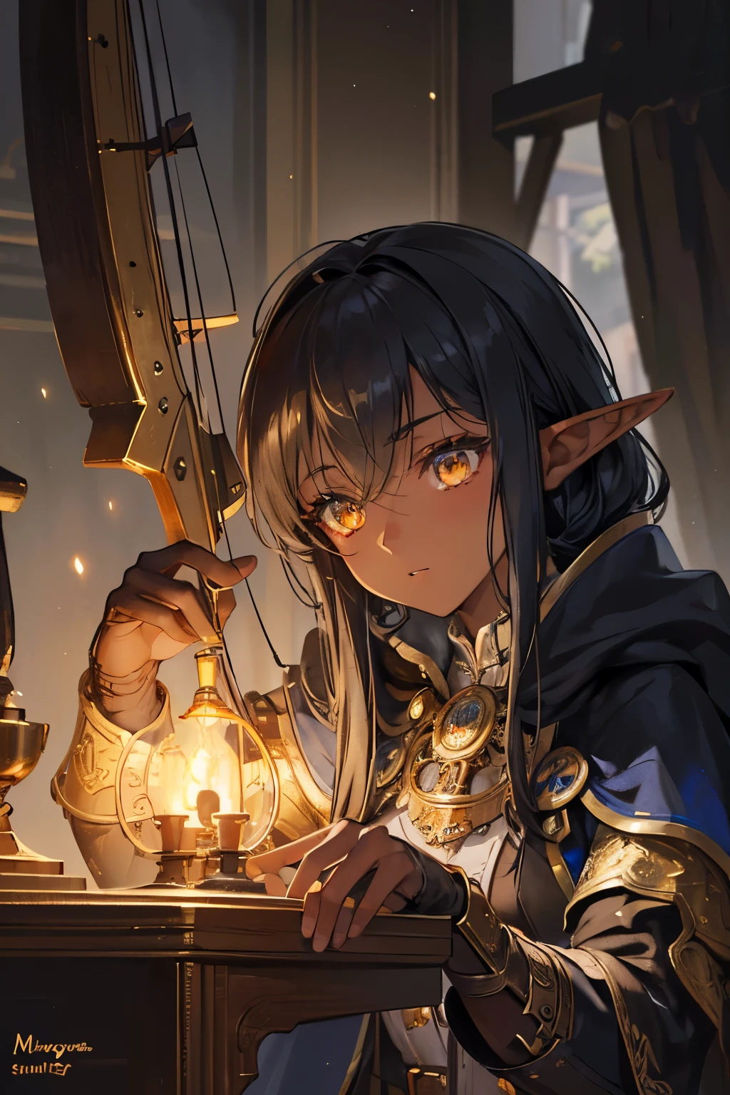 a tiny cute beautiful half-elf dwarven girl, delicate but strong, ((golden eyes)), short black hair, (((dark skin))), ((blacksmith)), ((crossbow archer)), ((large gloves, big coat)), 1girl, fantasy, intricate details, high quality, 8k, masterpiece, photorealistic, sharp focus, studio lighting, extremely detailed, warm colors, dramatic lighting, (best quality,4k,8k,highres,masterpiece:1.2),ultra-detailed,(realistic,photorealistic,photo-realistic:1.37),HDR,UHD,studio lighting,ultra-fine painting,sharp focus,physically-based rendering,extreme detail description,professional,vivid colors,bokeh,detailed facial features,beautiful detailed eyes,beautiful detailed lips,extremely detailed eyes and face,long eyelashes,intricate steampunk outfit,mechanical tools,forge,glowing embers,warm lighting,moody atmosphere