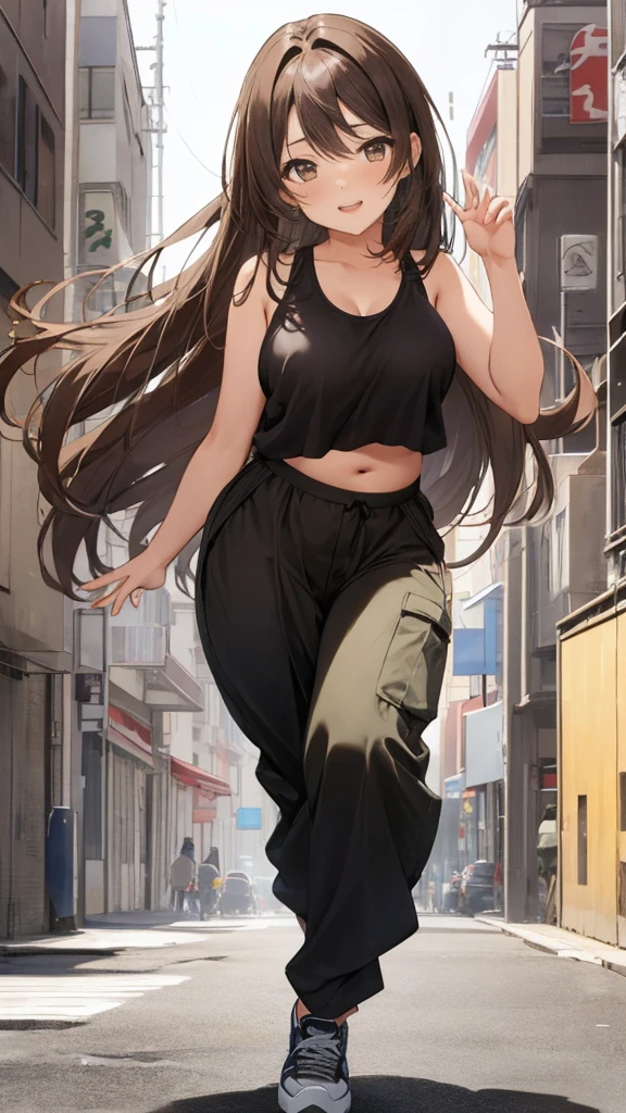 master piece, extremely detailed, high resolution, Haruba Negi style, Japanese anime style girl, tank top, military pants, brown hair, medium-long straight hair, front view, looking at the camera, happy expression, hip hop dance, mid-bust, slim waist, glossy, plump lips, fullbody, glossy hair, street dance, dance stage background, curious eyes, brown eyes, mouth closed and happy expression、