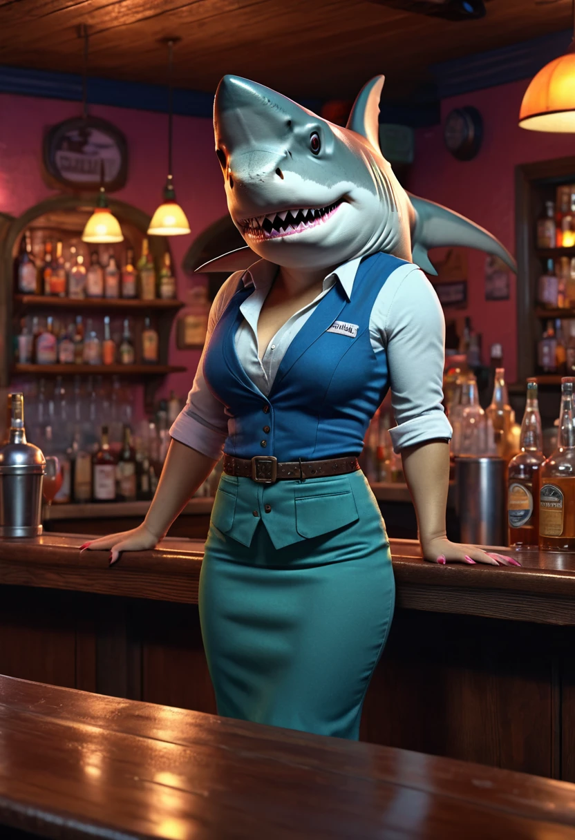 female Shark, dressed as girl, surfing, Dressed animals page, full body, cinematic still, cinemascope, best quality, masterpiece, very aesthetic, perfect composition, intricate details, ultra-detailed, vivid colors