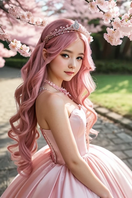 
A princess with long pink wavy hair and pink eyes that is wearing a pink ballgown and has cherry blossom hair accessories and an exquisite pink tiara