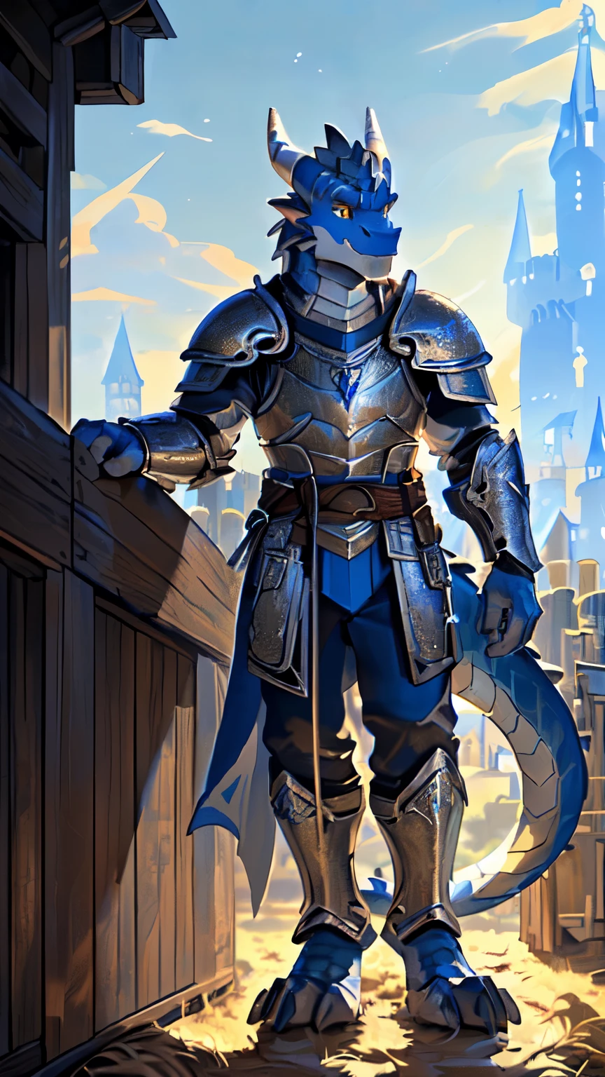 ((middle Ages:1.6，Castle Background:1.4))，((Cruz:1.6))，Sunlight，high resolution，4K，gay，(((whole body:1.1)))，masterpiece，high quality，Calm and composed，((dragon))，male，dragonFurry，(teenager:1.3)，hairy，((stable，Handsome face:1.4))，((peaceful))，((Holding a long sword:1.3))，(((Strong:1.4，Long legs:1.3，Thick dragon tail:1.2)))，(((Gray heads:1.2，Golden pupils:1.2，White Neck:1.3，Gray back of hands:1.4，White Skin:1.3)))，(((White Armor:1.3，There is a blue flag on the armor:1.4)))，Mature face，Exquisite eyes，Detailed body，Detailed hands，Detailed feet，Kenket&#39;s Art，Strike a pose:1.3