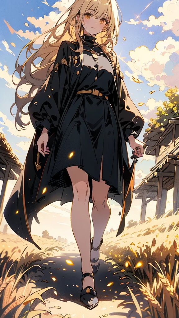 A stunning painting of a knight with long blond hair, Wheat field, Spectacular Clouds ((Picturesque)) ((Impressionism)) Vibrant, Soft Edge (((Warm glow))) Full body Full body from below 1sologirl, Feet together, Walking while looking down