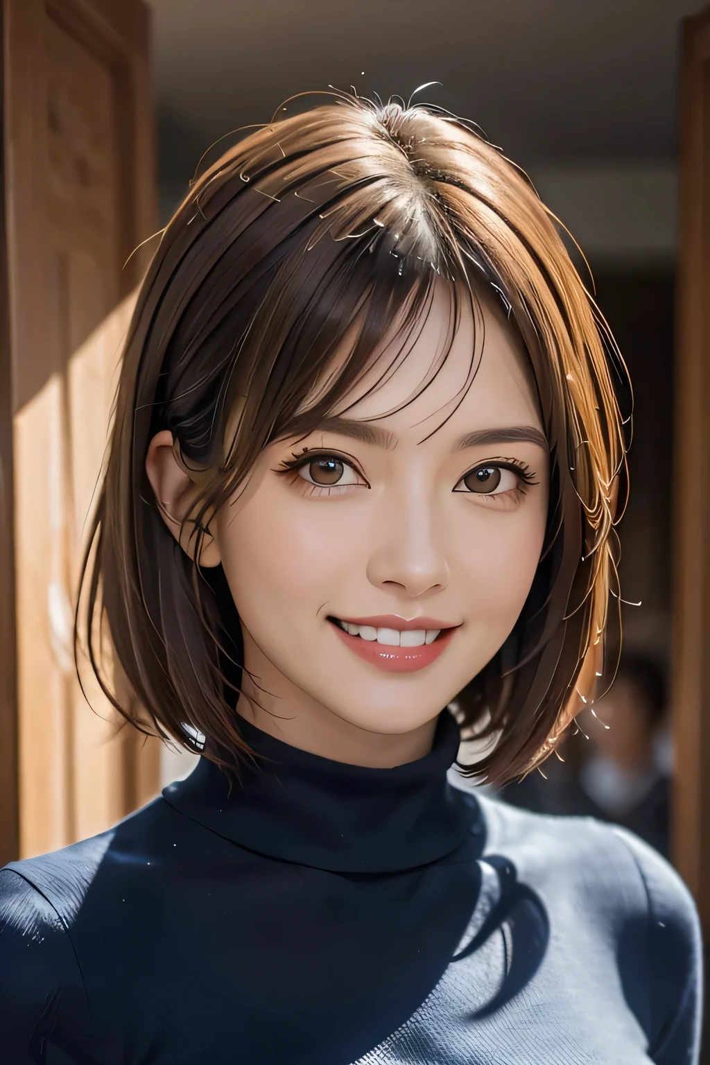 ((masterpiece)), ((Highest quality)), ((Complex)), ((Surreal)), (Realistic), (Mature Woman), ((No classes)), Very detailed, (1 female), Beautiful and exquisite, (Beautiful Teeth), Grin, Brunette Bob Hair, Brown eyes, ((blouse)), (Upper Body), (background:none), Perfect Eyes, Captivating eyes, Looking at the audience