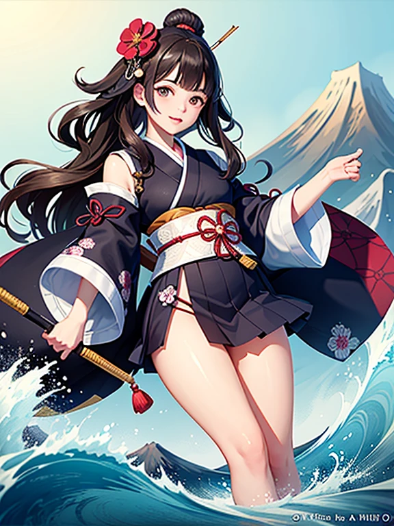 (Highest quality、masterpiece、High resolution、Official Art、8K)、Ukiyo-e、Katsushika Hokusai、Fuji Mountain、White waves of the sea、Boat、