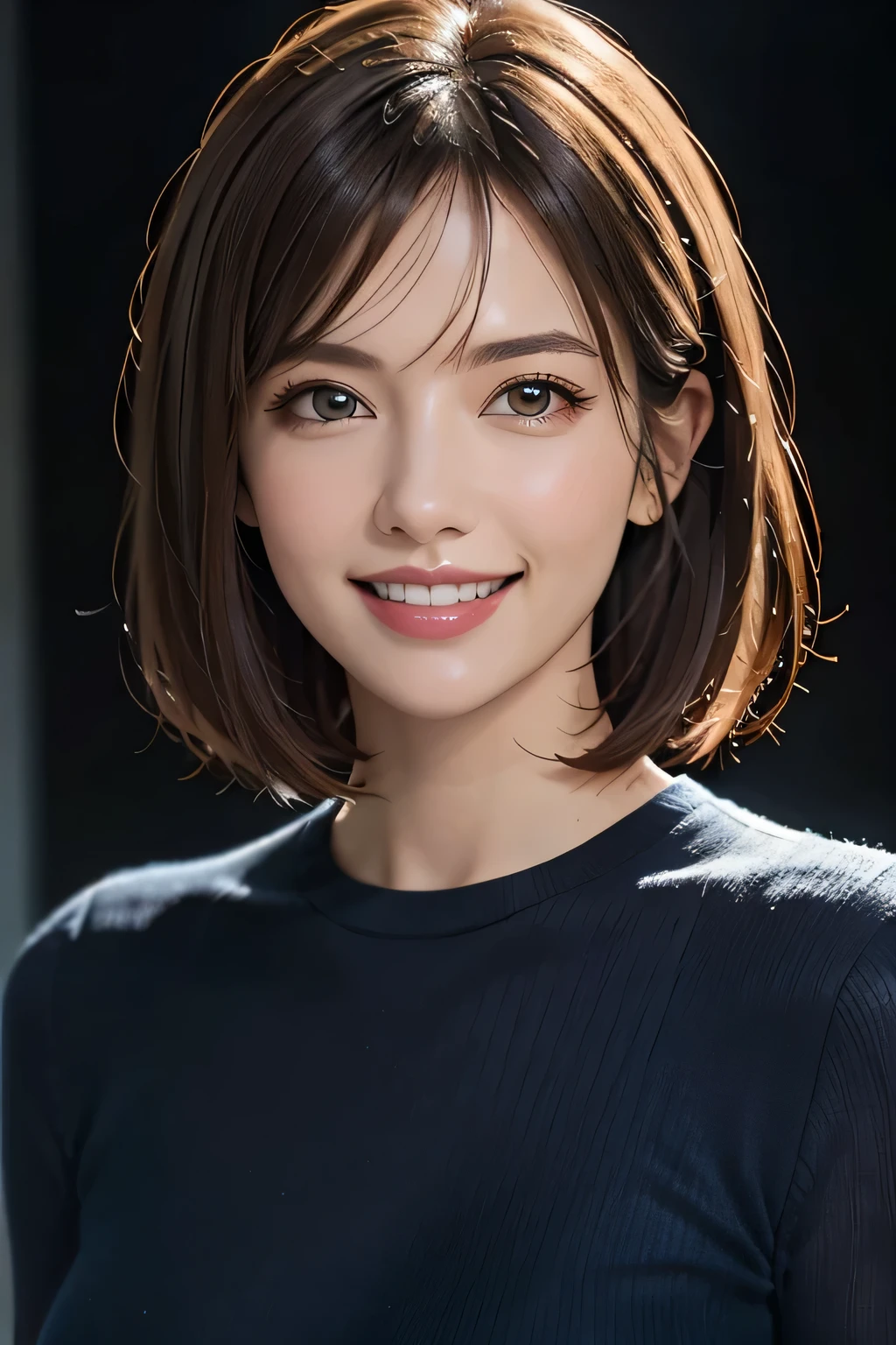 ((masterpiece)), ((Highest quality)), ((Complex)), ((Surreal)), (Realistic), (Mature Woman), ((No classes)), Very detailed, (1 female), Beautiful and exquisite, (Beautiful Teeth), Grin, Brunette Bob Hair, Brown eyes, ((blouse)), (Upper Body), (background:none), Perfect Eyes, Captivating eyes, Looking at the audience