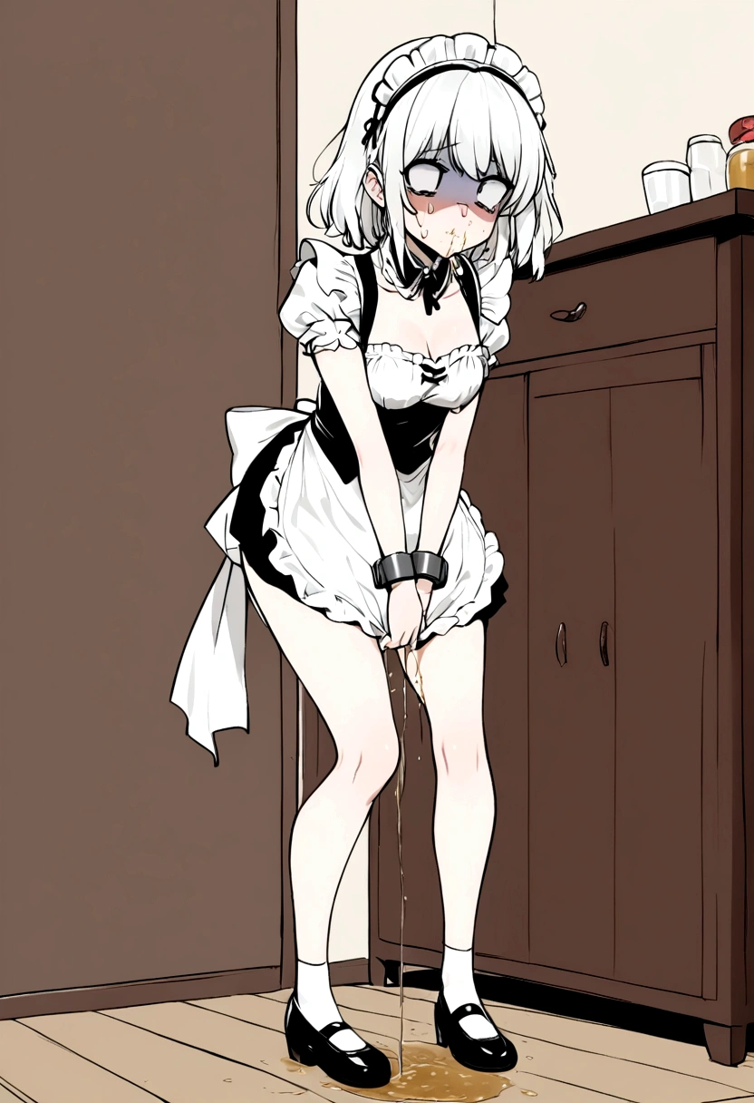 Anime, girl, cute girl, slave, maid, maid uniform, shoes, slave collar, shackles, cold, runny nose, nasal mucus, snot, snot from the nose, handkerchief, you need to sneeze, sneeze yourself, sneeze snot from your nose, desperately want sneeze, cover your nose with your right hand, urinary incontinence, peed, need to pee, pee yourself, pee, pee yourself, cry, really desperately want to pee, scat, diarrhea, crap yourself, need to poop, need to poop, poop in your panties, poop yourself, poop, sneeze, pee and pee yourself: 1.3), desire to sneeze, desire to pee, desire to poop tightly covering the perineum, knees together, feet apart: 1.6), (hand between legs, leaning forward: 1.3), (shaded face, despair, anxiety, sigh, full face flush, embarrassment, looking away: 1.5), (girl can't stand up straight: 1.5), full body, (ultra detailed face, best quality: 1.5), ( from the side), standing, living room, full height. Pee on the floor and pooped on the floor