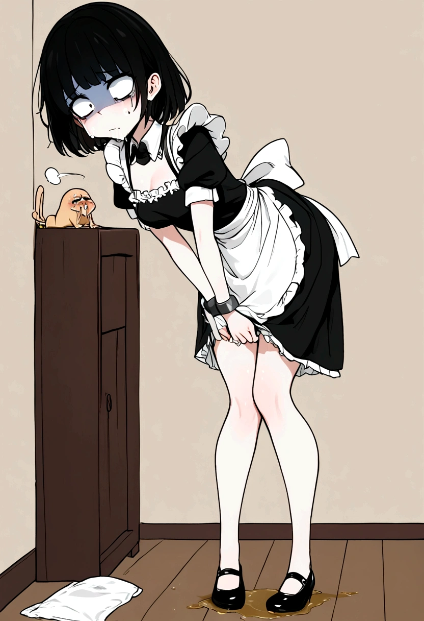 Anime, girl, cute girl, slave, maid, maid uniform, shoes, slave collar, shackles, cold, runny nose, nasal mucus, snot, snot from the nose, handkerchief, you need to sneeze, sneeze yourself, sneeze snot from your nose, desperately want sneeze, cover your nose with your right hand, urinary incontinence, peed, need to pee, pee yourself, pee, pee yourself, cry, really desperately want to pee, scat, diarrhea, crap yourself, need to poop, need to poop, poop in your panties, poop yourself, poop, sneeze, pee and pee yourself: 1.3), desire to sneeze, desire to pee, desire to poop tightly covering the perineum, knees together, feet apart: 1.6), (hand between legs, leaning forward: 1.3), (shaded face, despair, anxiety, sigh, full face flush, embarrassment, looking away: 1.5), (girl can't stand up straight: 1.5), full body, (ultra detailed face, best quality: 1.5), ( from the side), standing, living room, full height. Pee on the floor and pooped on the floor