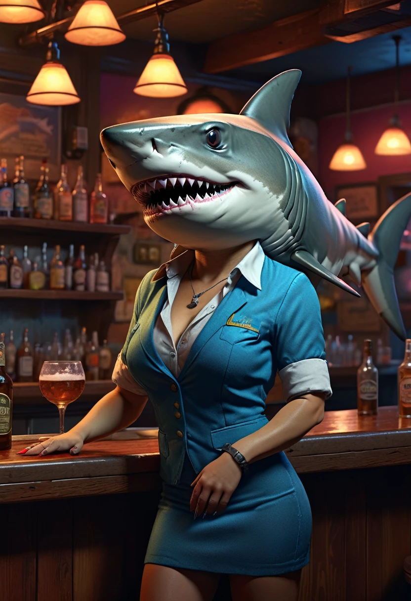 female Shark, dressed like female bartender, bar, pub, Dressed animals page, full body, cinematic still, cinemascope, best quality, masterpiece, very aesthetic, perfect composition, intricate details, ultra-detailed, vivid colors