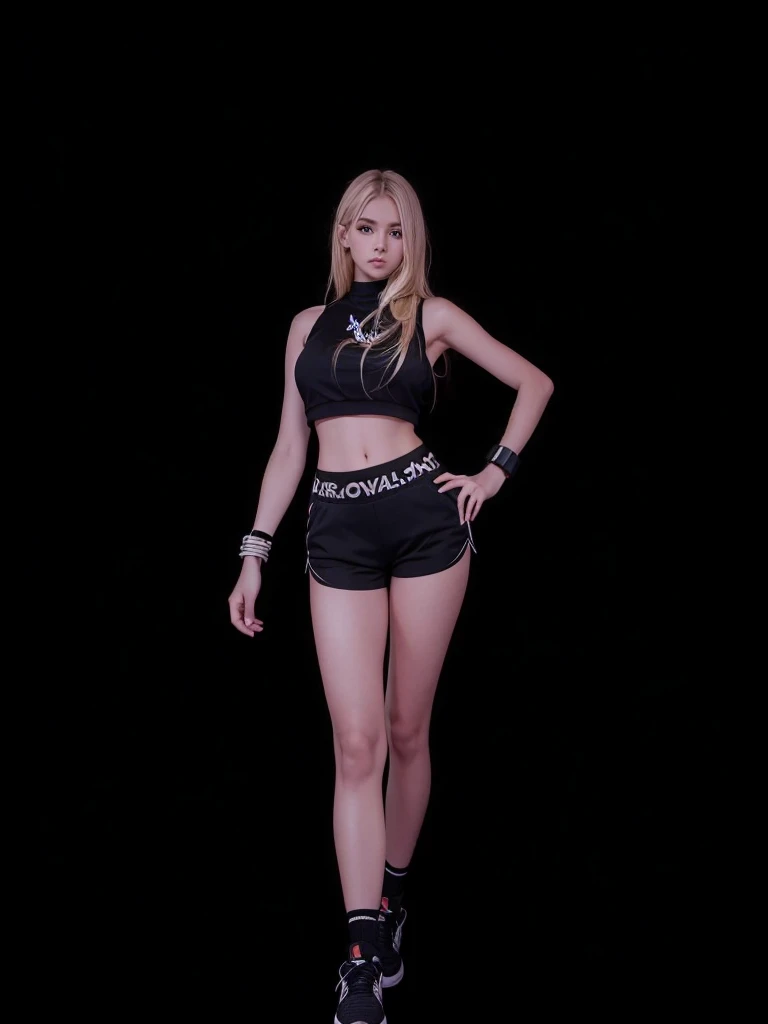 A very beautiful girl in full body, with straight blonde hair, com cropped preto, with black shorts and black sneakers.