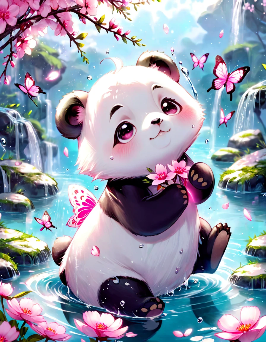 absurdres, highres, ultra detailed, HDR, master piece, best quality, extremely detailed, Panda, solo, cute, small, fantasy, magical, magic, pink butterflies, pink petals, pink flowers, water, blossoms