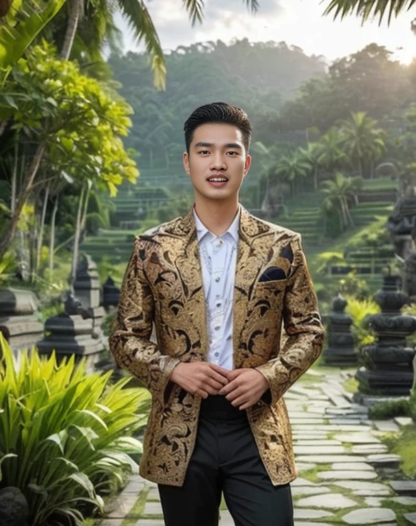 Haraf man looking at camera, perfect has a round face, man with round face, Southeast Asian man with a round face, Profile picture, charming anime,ภาพสามมิติ 8K,45 high quality colored lights,000,000,000 pixels, photo, post-trade photo, animation, The character is in her natural pose., Southeast Asian man with a round face, Profile picture 3-D, 8K, 45,000,000 pixcls, Cloak with gold letters, Cheongsam, cloth coatที่ได้แรงบันดาลใจจากมังกร, Chinese dress, Chinese dress, with ancient Chinese clothes, Wearing a red, gilded robe, Tailoring a suit according to tradition, cloth coat, Wear a red formal dress