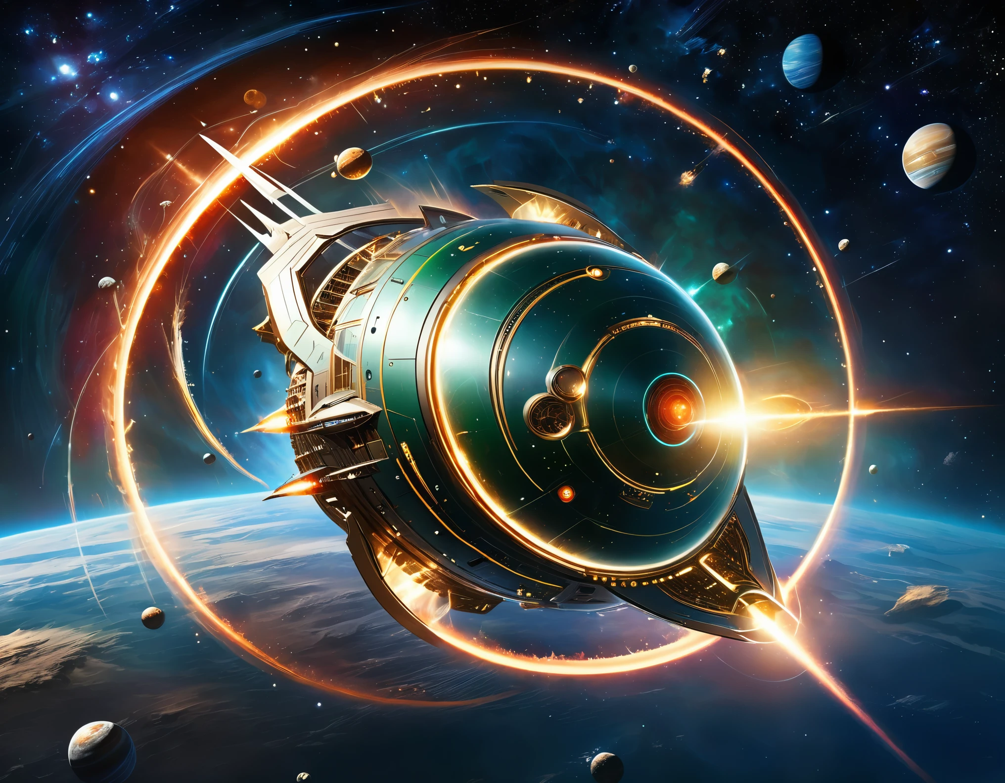 A sleek, futuristic starship soaring through the vastness of space with a background transitioning from dark green to red, dotted with stars. The ship has a large, circular saucer section, elongated body, and nacelles extending outward. Its metallic surface is detailed with intricate paneling and vibrant lights, showcasing advanced space travel technology.