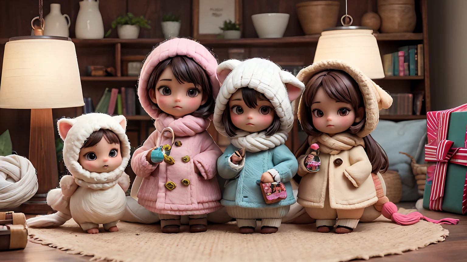 best quality,ultra-detailed,realistic:1.37,woolen,felted,animals,lively,soft texture,cute animals,fluffy,handmade toys,colorful,artistic,craftsmanship,wool sculptures,unique design,adorable,playful,artistic creation,creative,handcrafted,three-dimensional,hand-felted creations,precise details,whimsical,fuzzy,charming,wool craftmanship,eye-catching,handmade warmth,expressive,crafty,beautifully crafted,impressive,decorative,pastel colors,handmade art,wool art,wool felt animals,lifelike,clothing and accessories,interior decoration,handmade gifts,wool crafts,cute little creatures,warm and cozy,creative artistry.