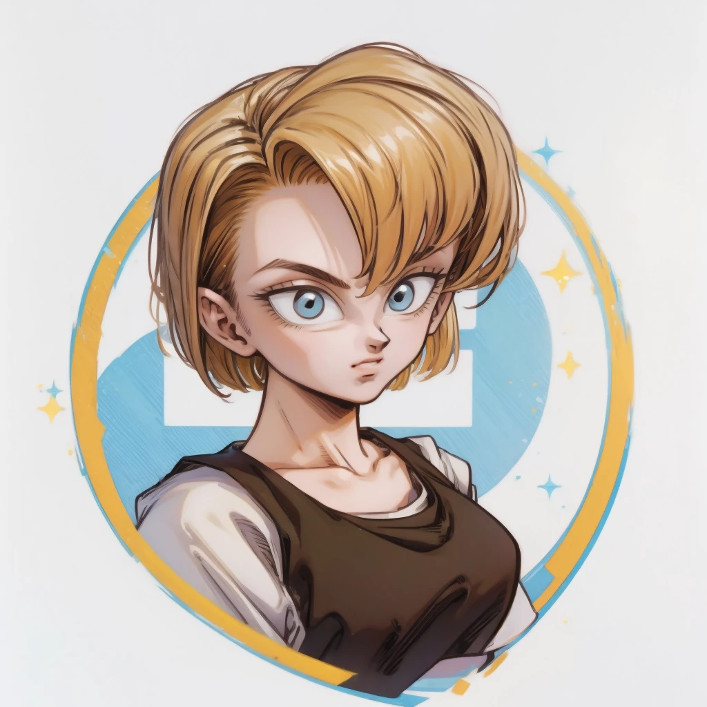 ((1girl,  android18_dbz, 1girl, white background, blonde hair, white shirt)), upper body, anatomically correct, short hair, chibi, simple background, smile, cleavage, looking at the viewer, 