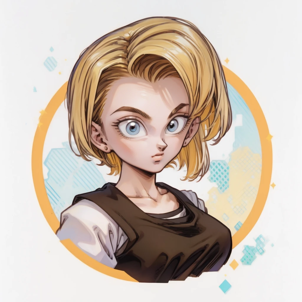 ((1girl,  android18_dbz, 1girl, white background, blonde hair, white shirt)), upper body, anatomically correct, short hair, chibi, simple background, smile, cleavage, looking at the viewer, 