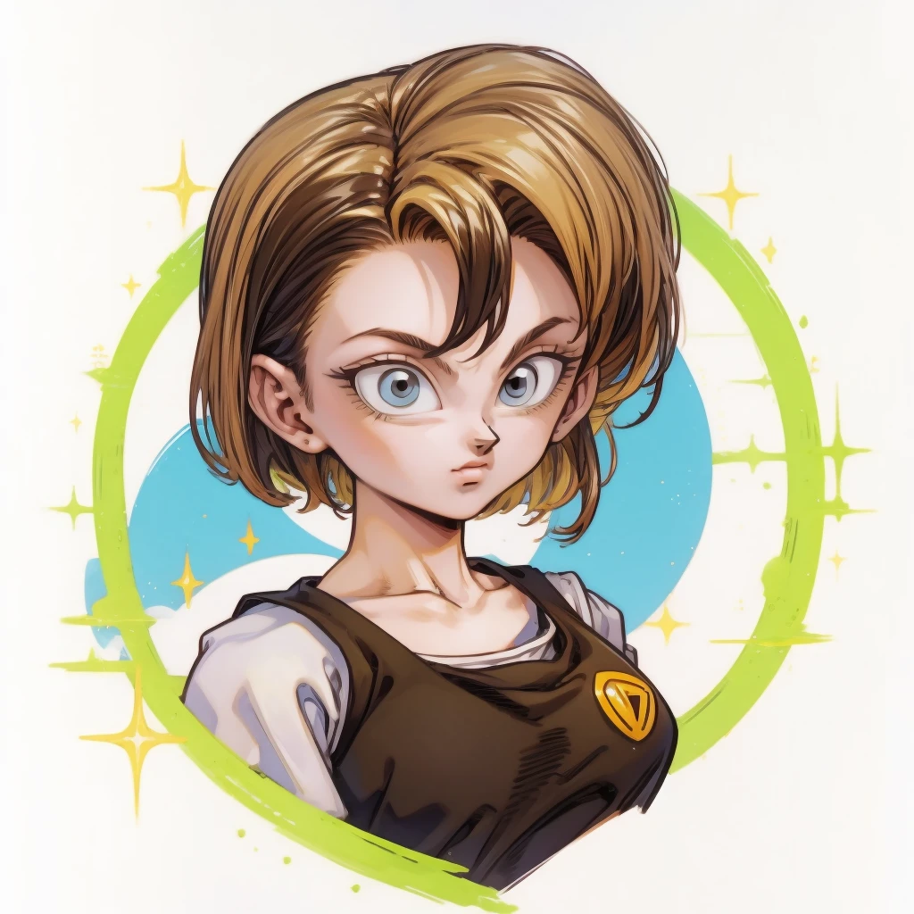 ((1girl,  android18_dbz, 1girl, white background, blonde hair, white shirt)), upper body, anatomically correct, short hair, chibi, simple background, smile, cleavage, looking at the viewer, 