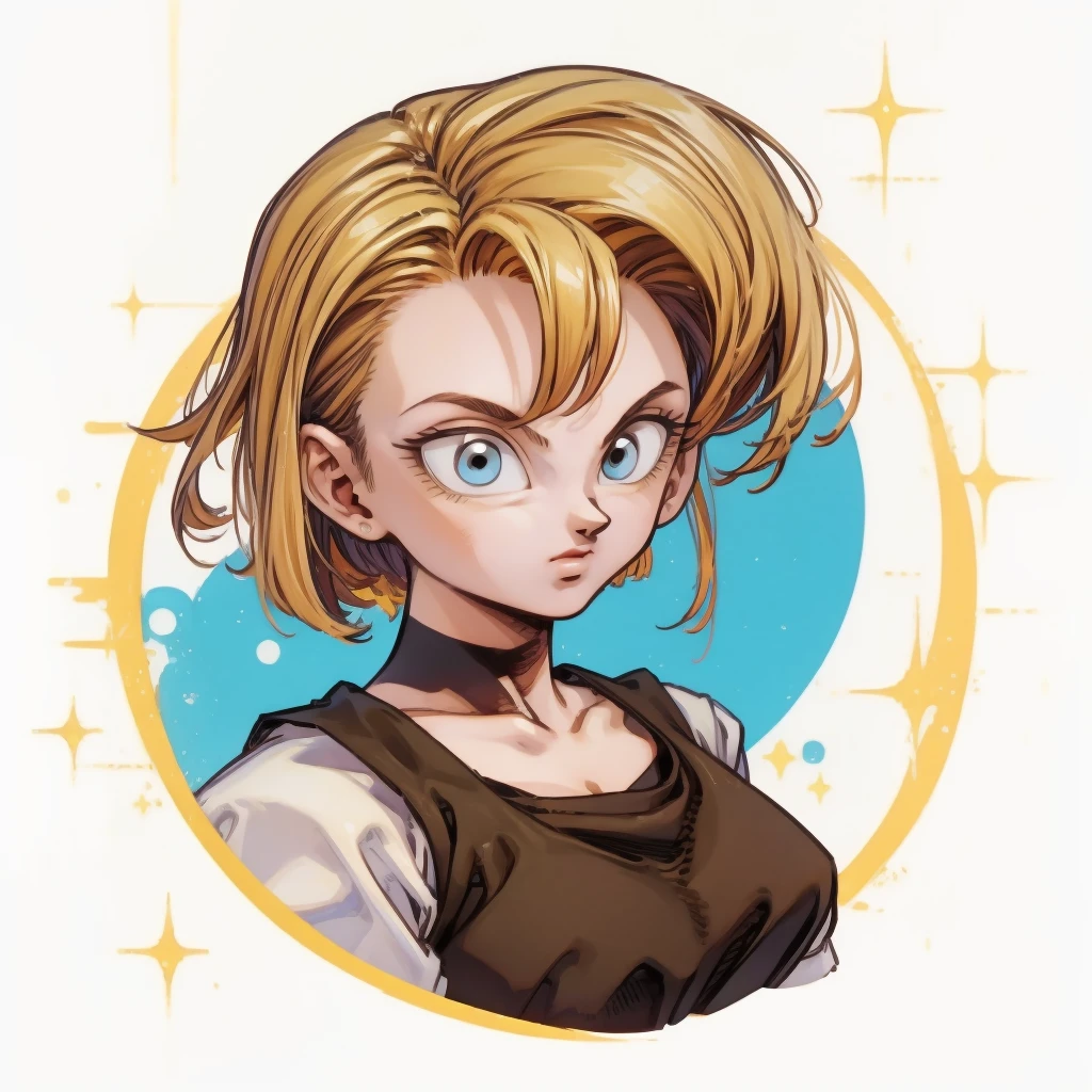 ((1girl,  android18_dbz, 1girl, white background, blonde hair, white shirt)), upper body, anatomically correct, short hair, chibi, simple background, smile, cleavage, looking at the viewer, 