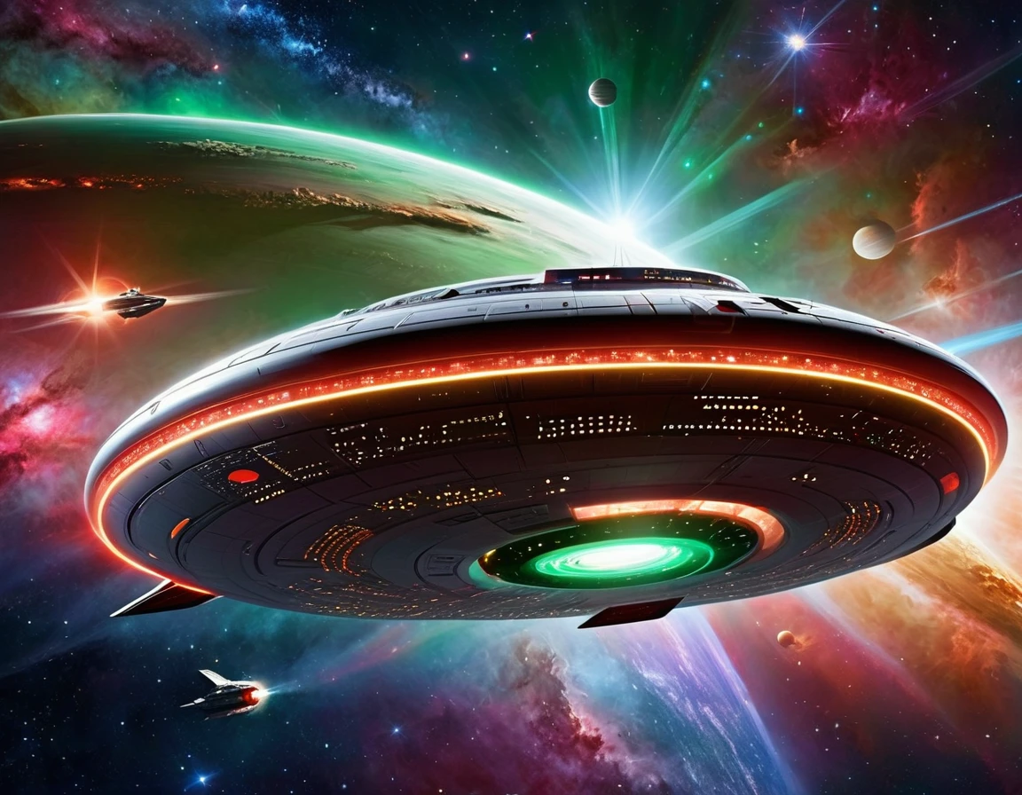 A sleek, futuristic starship soaring through the vastness of space with a background transitioning from dark green to red, dotted with stars. The ship has a large, circular saucer section, elongated body, and nacelles extending outward. Its metallic surface is detailed with intricate paneling and vibrant lights, showcasing advanced space travel technology.