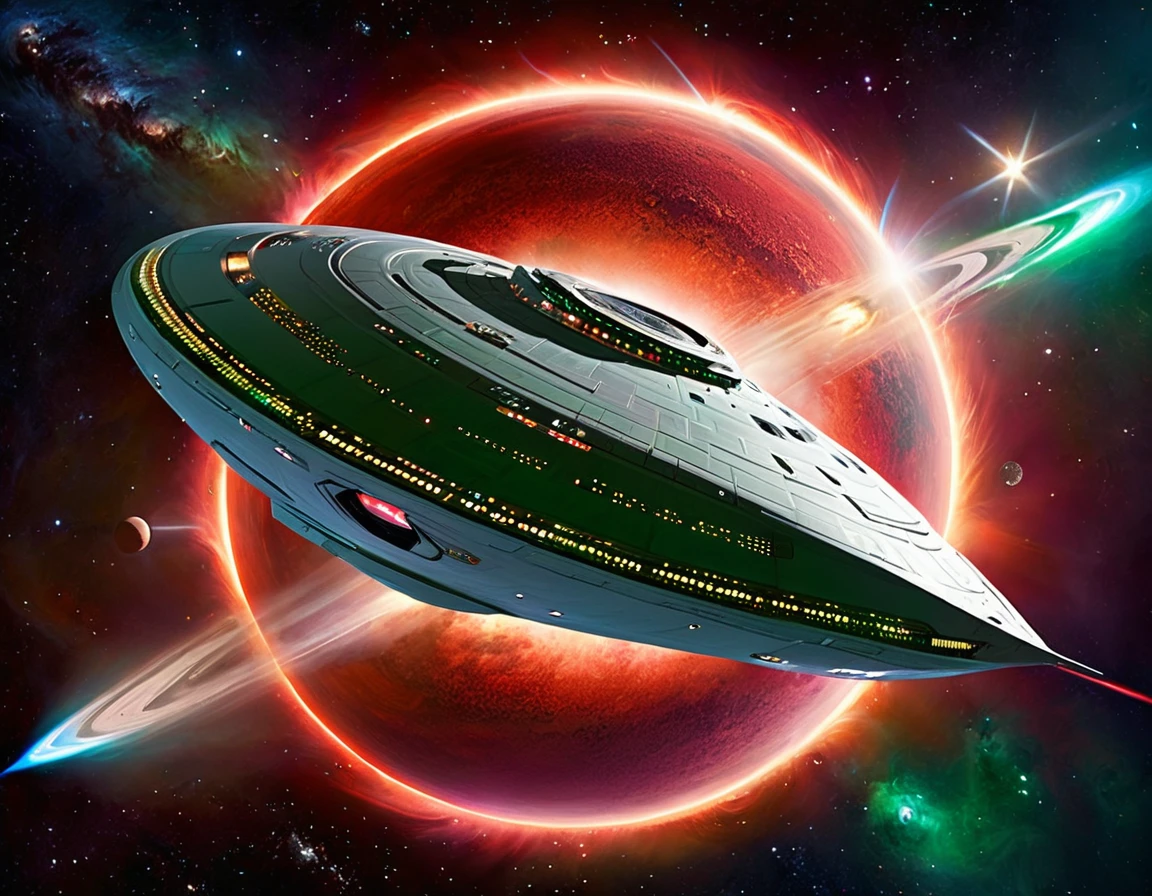 A sleek, futuristic starship soaring through the vastness of space with a background transitioning from dark green to red, dotted with stars. The ship has a large, circular saucer section, elongated body, and nacelles extending outward. Its metallic surface is detailed with intricate paneling and vibrant lights, showcasing advanced space travel technology.