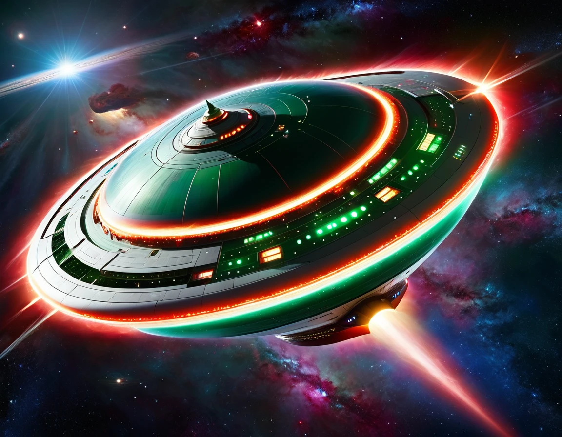 A sleek, futuristic starship soaring through the vastness of space with a background transitioning from dark green to red, dotted with stars. The ship has a large, circular saucer section, elongated body, and nacelles extending outward. Its metallic surface is detailed with intricate paneling and vibrant lights, showcasing advanced space travel technology.