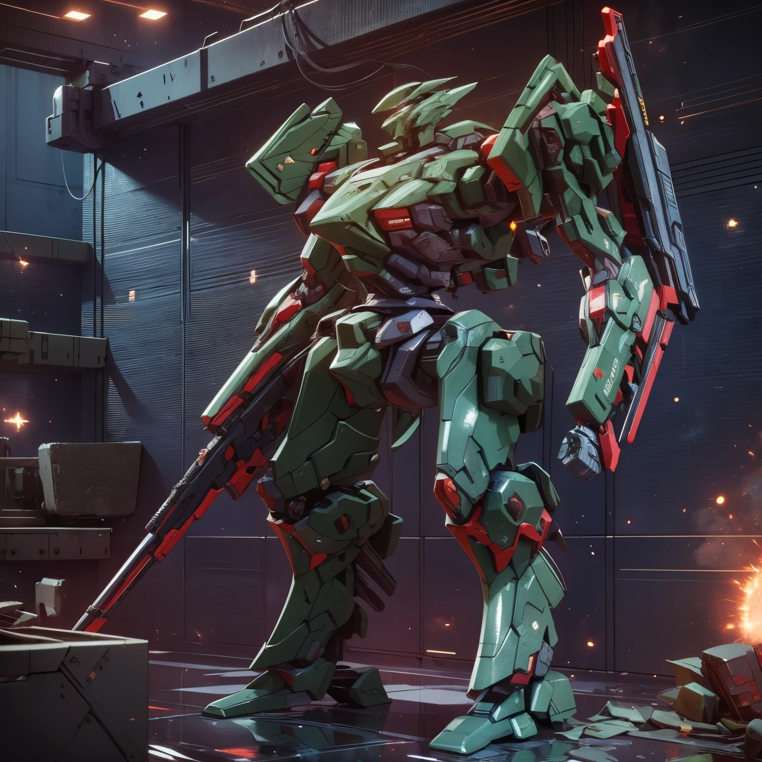 (work of art, best qualityer:1.5).Slender mech holding a medium-sized shotgun. The twig-looking thrusters. (A more rounded and smooth body shape: 2, green snake shield: 1.5). Carried two spare weapons, a closed-barreled shotgun and a heavy-caliber pistol. Extremely detaild, 8K, HDR, naturallight, cinematic lighting, masterpiece-anatomy-perfect, ultra HD, (Space Combat:1.7, Battlefield:1.7), RAW photo, metallic, professional, ultra-fine painting, perfect body proportions, anatomically correct, uhd, real texture material, Anti-Aliasing, FKAA, TXAA, SSAO, Post Processing, Post Production, Tone Mapping, CGI, VFX, SFX, hyper maximalist, Volumetric, ultra photorealultra-detailed intricate details.