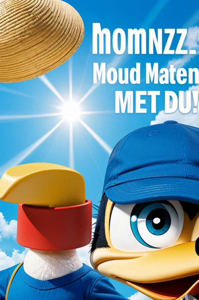 Create an image of Donald Duck with a striking text that says Momazos Donald Duck and on the back some blue rays