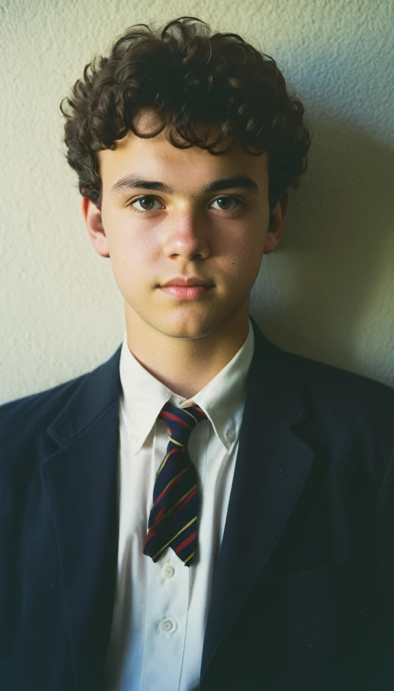 analog film photo, modern day photo of a young student, 30 years-old, male, brown-black hair, short curly quiff haircut, brown eyes, caucasian, round face, oval-shaped jawline, bulbous nose, full lips, thick eyebrows, soft features, stocky broad frame, chubby, handsome, resembles a younger John C Reilly, (relaxed school uniform:1.1), silhouette, backlit, split lighting, half face in shadow, RAW Photograph, dslr, hard lighting, hard shadows, high quality, film grain, Fujifilm XT3, detailed skin with visible pores, insane details, masterpiece, 8k, 35mm photograph, dslr, kodachrome, faded film, desaturated, 35mm photo, grainy, vintage, Kodachrome, Lomography, stained, highly detailed, found footage, yearbook portrait, contemporary, 2024