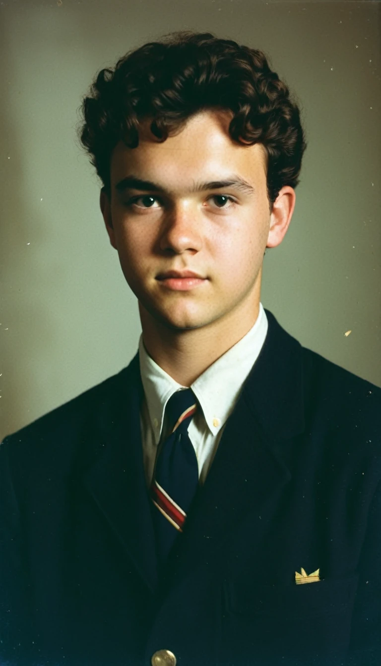 analog film photo, modern day photo of a young student, 30 years-old, male, brown-black hair, short curly quiff haircut, brown eyes, caucasian, round face, oval-shaped jawline, bulbous nose, full lips, thick eyebrows, soft features, stocky broad frame, chubby, handsome, resembles a younger John C Reilly, (relaxed school uniform:1.1), silhouette, backlit, split lighting, half face in shadow, RAW Photograph, dslr, hard lighting, hard shadows, high quality, film grain, Fujifilm XT3, detailed skin with visible pores, insane details, masterpiece, 8k, 35mm photograph, dslr, kodachrome, faded film, desaturated, 35mm photo, grainy, vintage, Kodachrome, Lomography, stained, highly detailed, found footage, yearbook portrait, contemporary, 2024