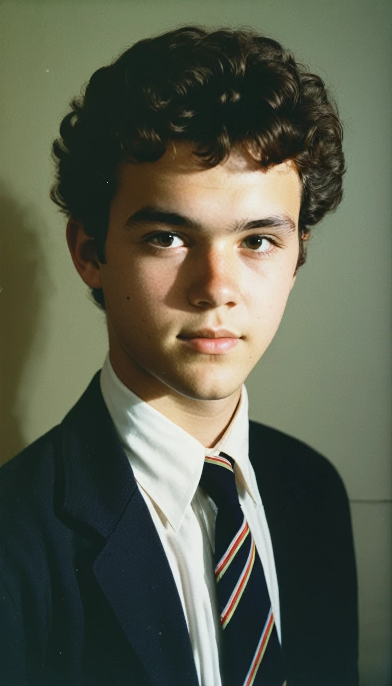 analog film photo, modern day photo of a young student, 30 years-old, male, brown-black hair, short curly quiff haircut, brown eyes, caucasian, round face, oval-shaped jawline, bulbous nose, full lips, thick eyebrows, soft features, stocky broad frame, chubby, handsome, resembles a younger John C Reilly, (relaxed school uniform:1.1), silhouette, backlit, split lighting, half face in shadow, RAW Photograph, dslr, hard lighting, hard shadows, high quality, film grain, Fujifilm XT3, detailed skin with visible pores, insane details, masterpiece, 8k, 35mm photograph, dslr, kodachrome, faded film, desaturated, 35mm photo, grainy, vintage, Kodachrome, Lomography, stained, highly detailed, found footage, yearbook portrait, contemporary, 2024