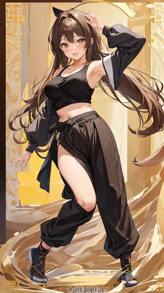 master piece, extremely detailed, high resolution, Haruba Negi style, Japanese anime style girl, tank top, military pants, brown hair, medium-long straight hair, front view, looking at the camera, happy expression, hip hop dance, mid-bust, slim waist, glossy, plump lips, fullbody, glossy hair, street dance, dance stage background, curious eyes, brown eyes, mouth closed and happy expression、
