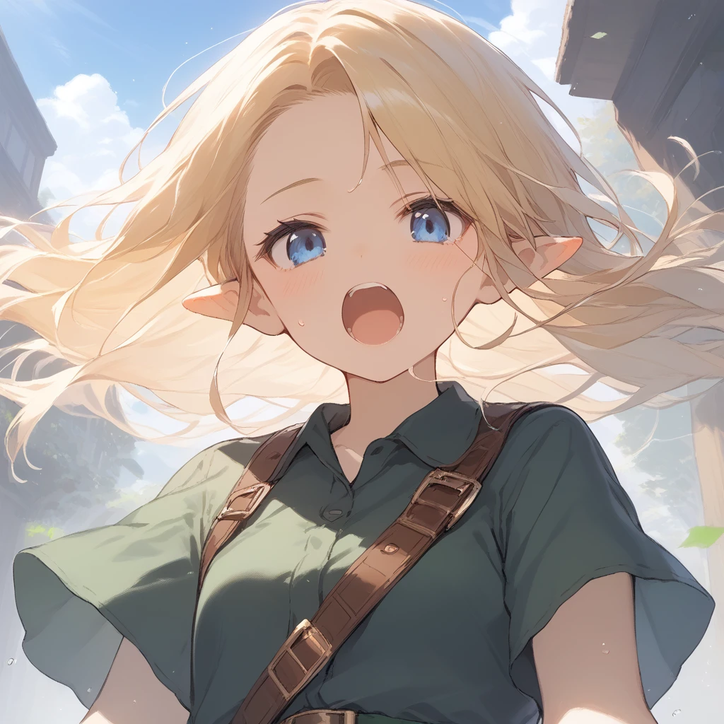 score_9, score_8_up, score_7_up, source_anime, best quality, masterpiece, official art, absurdres, highres, ultra-detailed,waifu2x,Collection: Slice of Life,break,1girl, YoungLink, small breasts, blonde hair, green tunic, pointy ears, hat, solo, blue eyes,green_headwear belt, sward, sweat, open mouth, (yawn:0.3), sleepily, outdoors, wind,break,(clear line illustration:1.2), super detailed skin,very high resolution, very aesthetic, Best sexual lighting powered by famous artist, 8k,cute picture,beauty illustration,photoshop_(medium),,(Detailed Lighting),best anime 8k konachan wallpaper, pixiv contest winner,