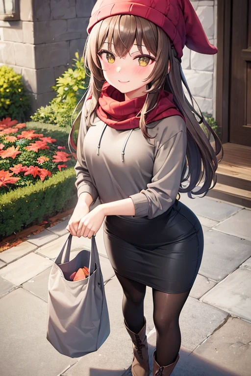 1girl, woman, gray hoodie (cropped), tight midi pencil skirt (black), long length pencil skirt, long brown hair, looking at viewer, full body, smile, blush, boots, garden, fall, leaves, red beanie, scarf