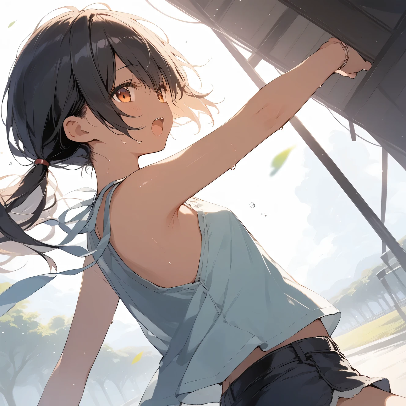 score_9, score_8_up, score_7_up, source_anime, best quality, masterpiece, official art, absurdres, highres, ultra-detailed,waifu2x,Collection: Slice of Life,break,1girl, tomboy, dark-skinned female, short hair, low ponytail, flat chest, beautiful detailed eyes, short shorts, sweat, open mouth, (yawn:0.3), sleepily, outdoors, wind,break,(clear line illustration:1.2), super detailed skin,very high resolution, very aesthetic, Best sexual lighting powered by famous artist, 8k,cute picture,beauty illustration,photoshop_(medium),,(Detailed Lighting),best anime 8k konachan wallpaper, pixiv contest winner,