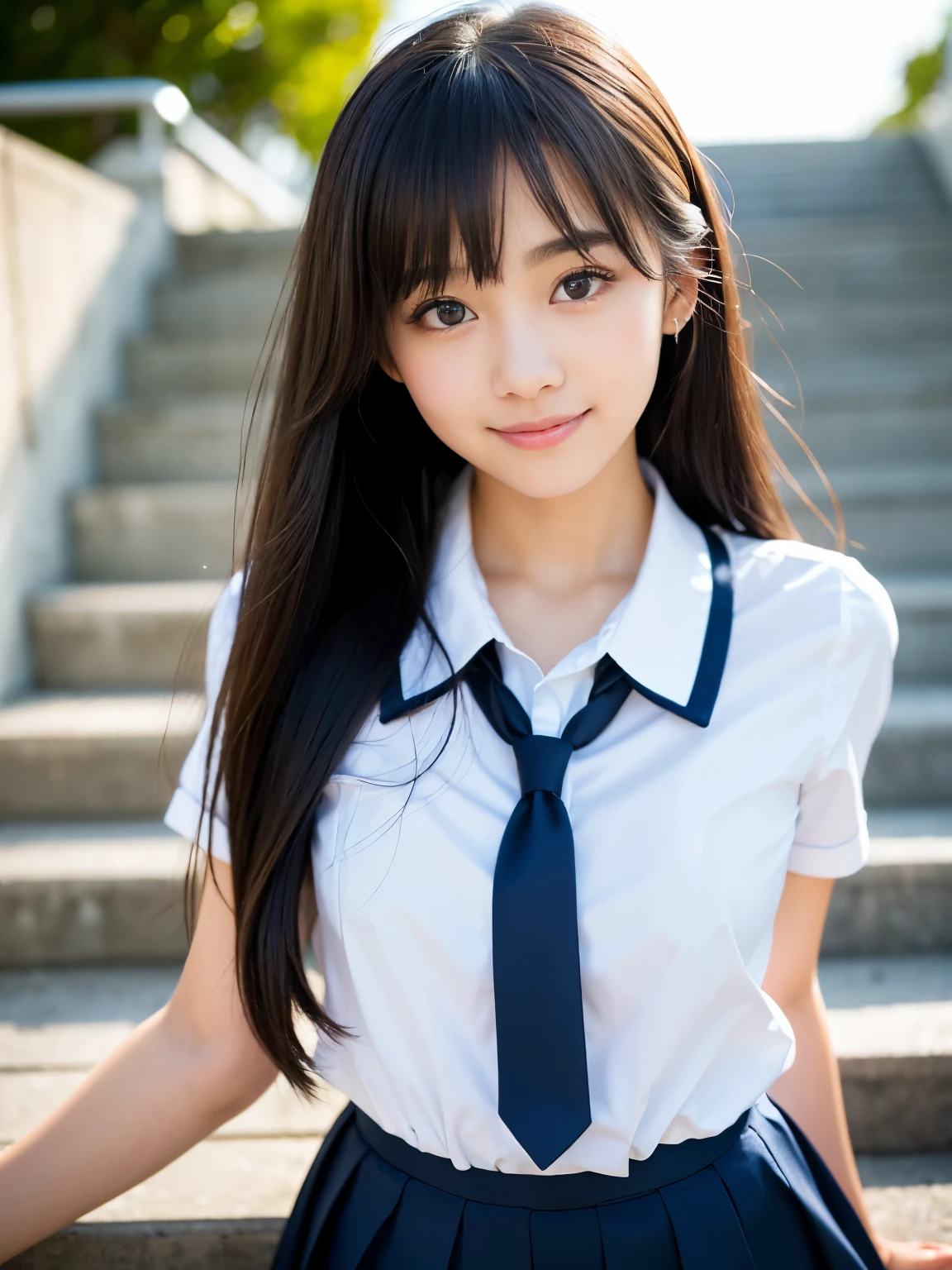 (Best-quality, Masterpiece, Ultra-High-Resolution, (Photorealistic:1.4), Raw Photo, depth of field, professional lighting, perfect anatomy, extremely details), 1girl, 15-years-old, the most famous Japanese idol, at stairs of Japanese high-school, (((Running up at stairs))), (extremely realistic and extremely cute and extremely childish face like the most popular Japanese idol, (extremely realistic and extremely cute and extremely big eyes), extremely realistic and extremely beautiful black-long-hair, (((extremely realistic and extremely beautiful skins))), extremely realistic and extremely cute long-eyelashes, extremely realistic and extremely cute lips), ((innocent smile, wearing summer-high-school-uniform))