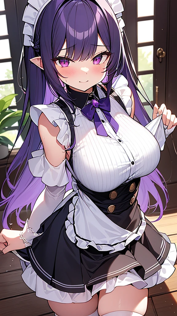 最high quality, high quality, Super detailed, 32k, Ultra-detailed details, (only, pretty girl, beautiful purple hair, Beautiful purple eyes, Big Breasts, A light smile, Red eyes, Off-the-shoulder sleeveless Summer clothes, Summer casual maid clothes, Short skirt, Blue and white color striped underwear, Black knee socks, My crotch is wet with love juice, 18-year-old,cute), {{A succubus strips off the face and clothes of a murdered maid and engages in intense vaginal sex with her master, bouncing her breasts.}}, She has transformed from a shy maid into a lewd one., A maid with her sister&#39;s face stuck on her face is vigorously pistoning her body, A maid who moves her body vigorously without caring if her breasts bounce, ((She straddles a sleeping man and has intense vaginal sex:1.5)), Cowgirl Sex,  Super detailed, Detailed sister photosが見える, NSFW