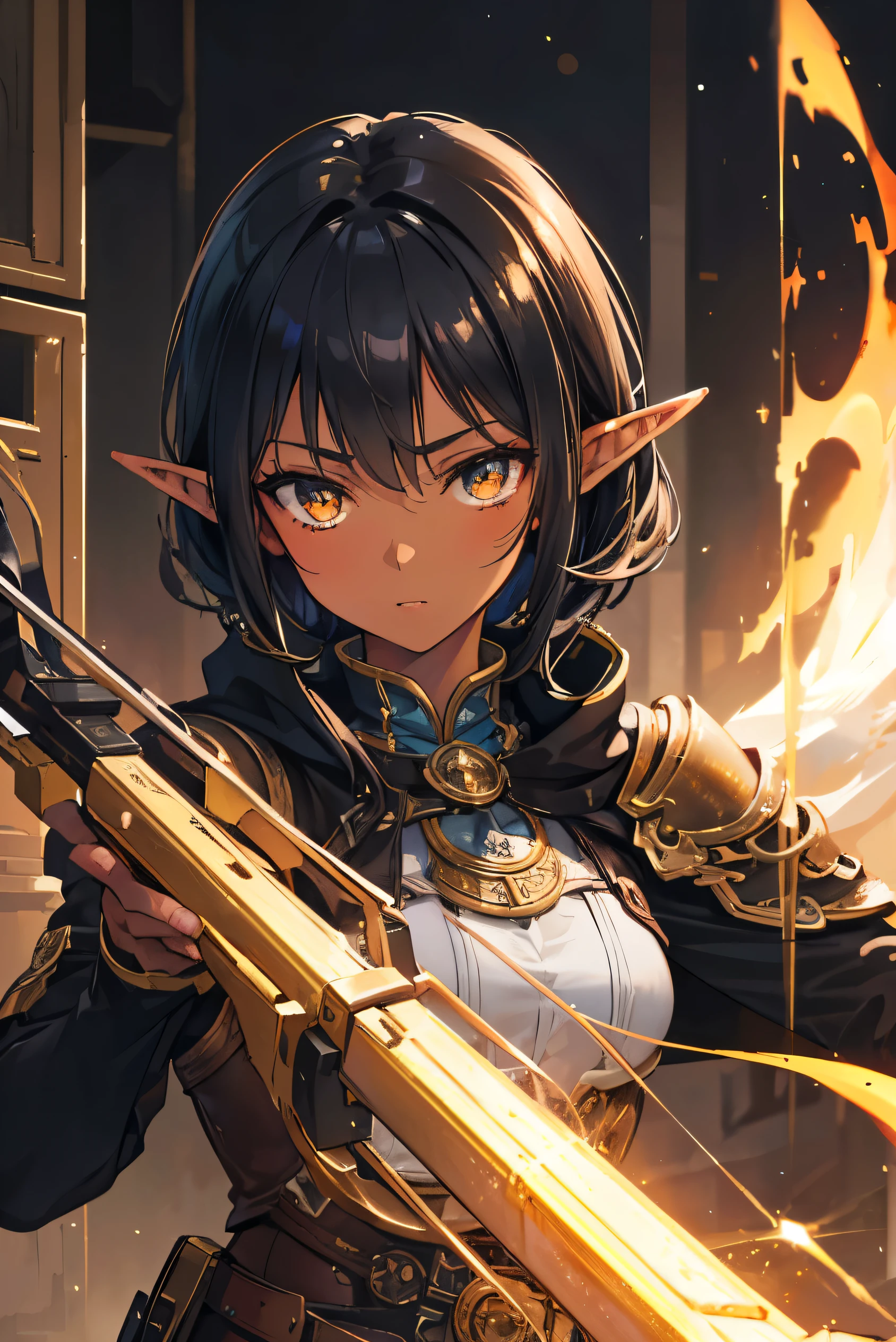 a small tiny cute beautiful half-elf dwarven girl, delicate but strong, ((golden eyes)), ((short black hair)), (((dark skin))), ((blacksmith)), ((crossbow archer)), ((large gloves, big coat)), 1girl, fantasy, intricate details, high quality, 8k, masterpiece, photorealistic, sharp focus, studio lighting, extremely detailed, warm colors, dramatic lighting, (best quality, 4k, 8k, highres, masterpiece:1.2), ultra-detailed, (realistic, photorealistic, photo-realistic:1.37), HDR, UHD, studio lighting, ultra-fine painting, sharp focus, physically-based rendering, extreme detail description, professional, vivid colors, bokeh, detailed facial features, beautiful detailed eyes, beautiful detailed lips, extremely detailed eyes and face, long eyelashes, intricate steampunk outfit, mechanical tools, forge, glowing embers, warm lighting, moody atmosphere