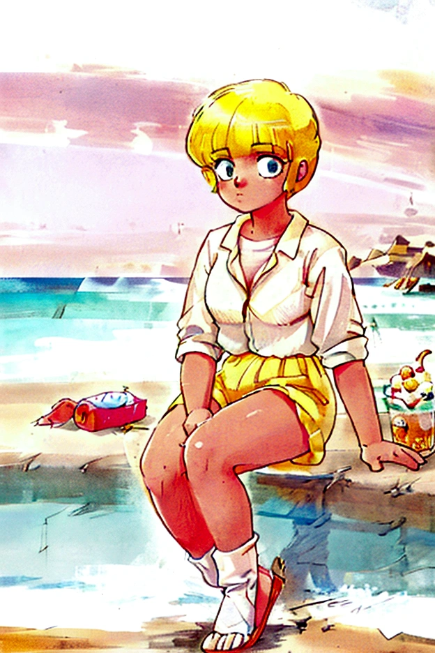A girl in white shirt and white pants sitting on a beach and eating ice cream and the weather is clear and it's evening sunset time on beach and the girl has yellow hair and beautiful eyes detailed 1980 style