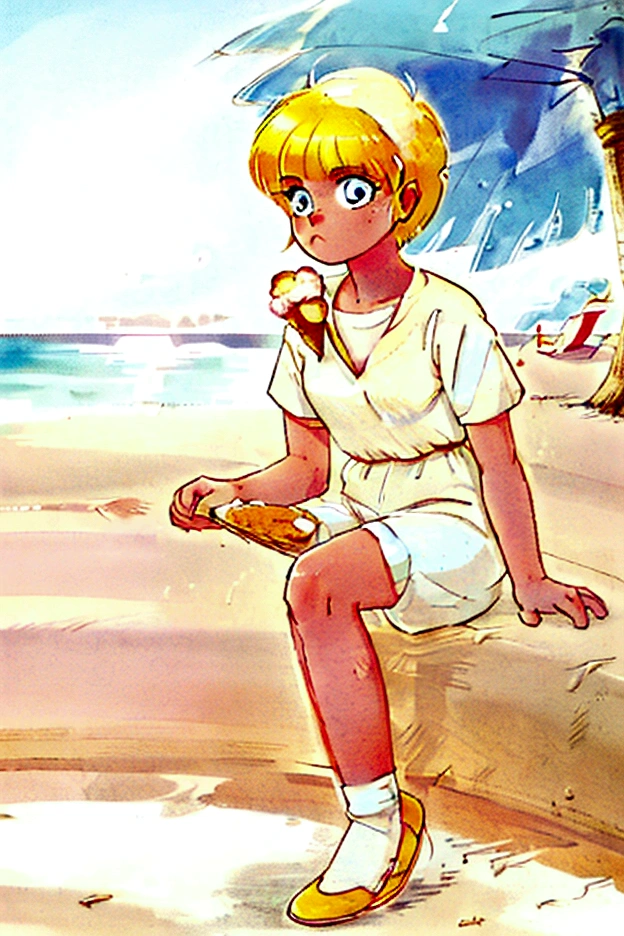 A girl in white shirt and white pants sitting on a beach and eating ice cream and the weather is clear and it's evening sunset time on beach and the girl has yellow hair and beautiful eyes detailed 1980 style