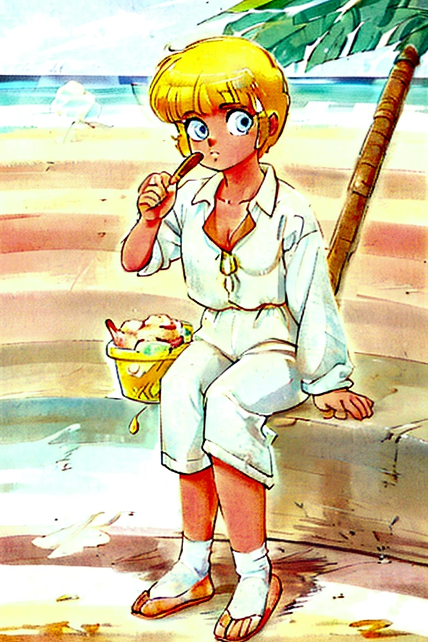 A girl in white shirt and white pants sitting on a beach and eating ice cream and the weather is clear and it's evening sunset time on beach and the girl has yellow hair and beautiful eyes detailed 1980 style