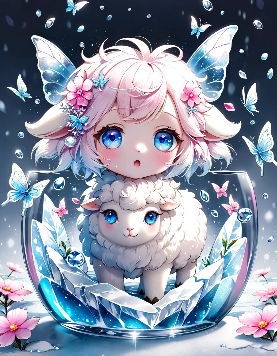 Ultra detailed, HDR, Highres, absurdres, master piece, white sheep, expressive blue eyes, glass, ice glittering butterflies, ice, petals, pink ice glass flowers, cute, glittering, water, fantasy, magical, snowflakes, cold, small and cute, glass