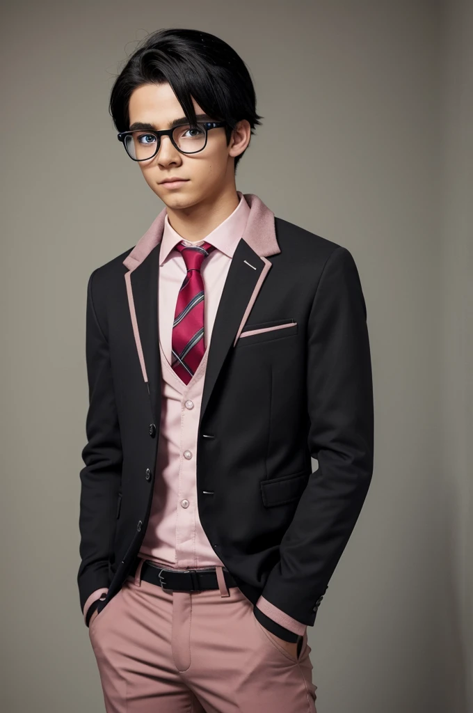 Boku no Hero Academia Template, a 16 year old boy with shoulder length black hair, tied in a pigtail, heterochromatic eyes, one blue and the other dark brown, eyelashes a little long, piercing on the right eyebrow and on the lower left side of the lip, pink glasses, brown skin, He wears a uniform with a gray jacket, green pants and red tie.