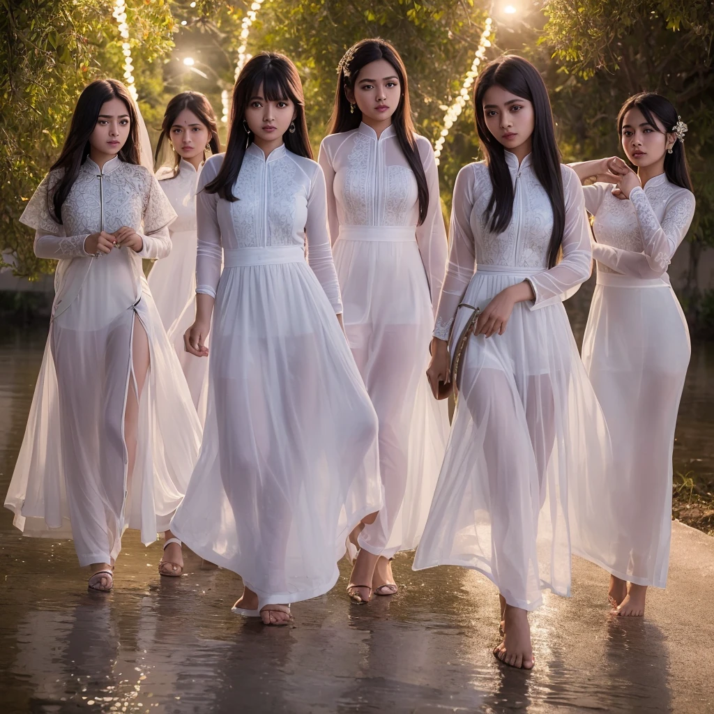A group of young indian women with admirable beautiful faces, wearing tight short vietnamese ao dai,skirts,Gauze material,Light transmission, lots of clothing details, reflect moonlight, at night, by the sea, One of the character's feet is raised,pose,night,Moonlight shines through clothes,high-definition, detailed lighting and shadows, high-definition photography, Big deep cleavage sexy navel, by the water, The whole body is wet, wet hair,Sticking out tongue,Slobber,Obscene expressions,full-body portrait shot